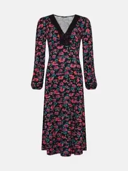 Image of Wallis Floral Lace Jersey Dress - Black, Size 12, Women