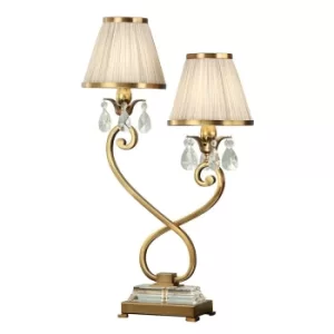 image of Oksana 2 Light Twin Table Lamp Antique Brass with Beige Shades, E14