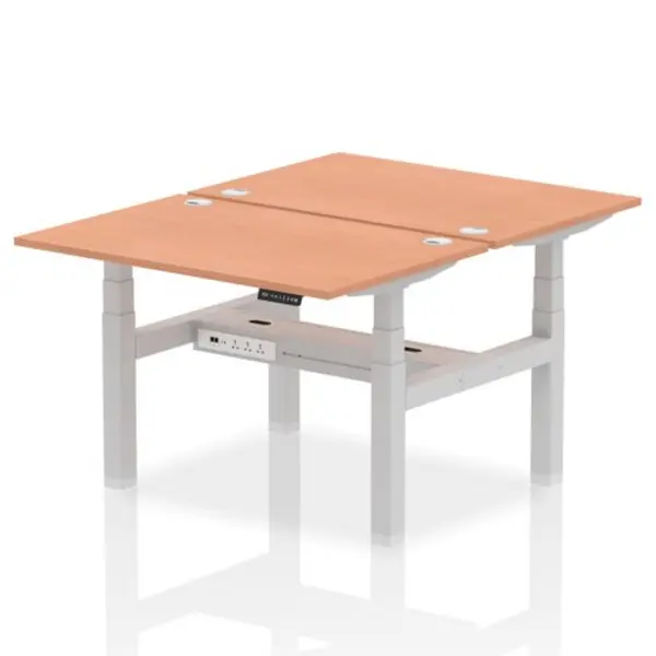 Image of Air Air Back-to-Back 1200 x 800mm Height Adjustable 2 Person Bench Desk Beech Top with Cable Ports Silver Frame HASCP2P12800BCHS