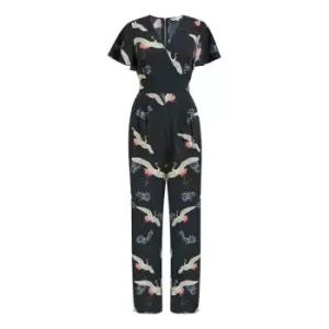 image of Yumi Black Crane Print Jumpsuit - Black