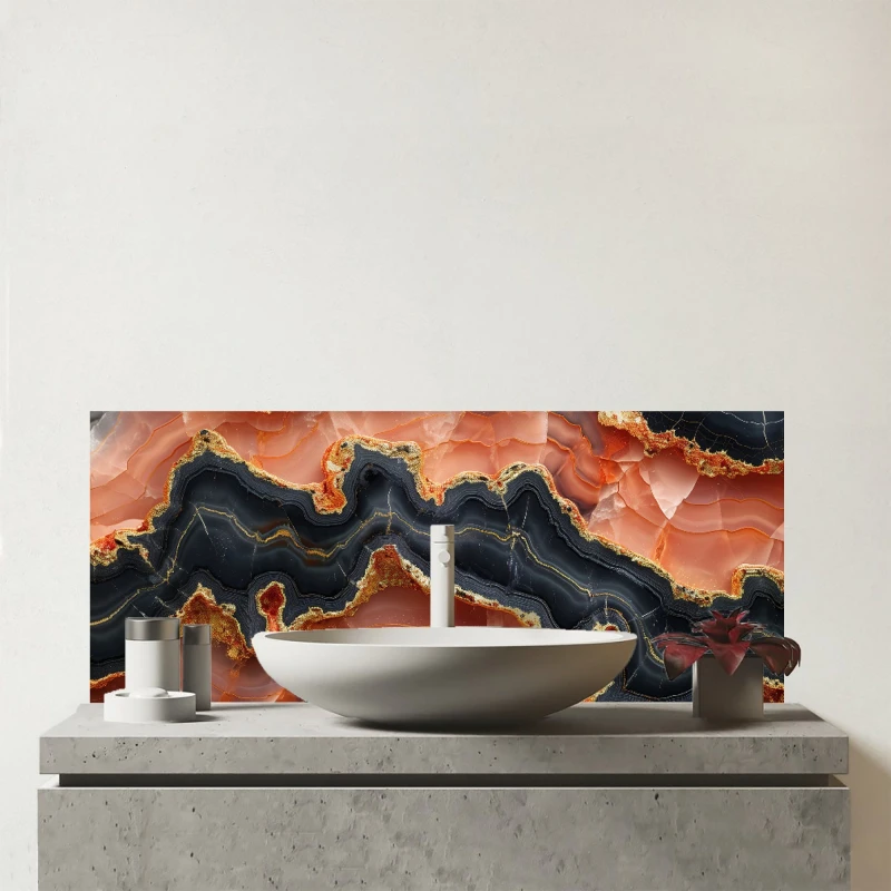 Image of Warren Reed - Designer Black Pink & Gold Marble Effect Glass Bathroom Splashback Pink Unisex