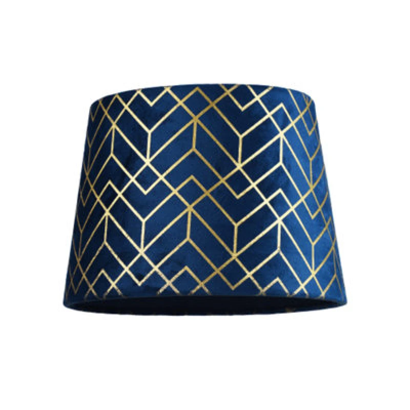 Image of Happy Homewares Navy Blue Velvet Lamp Shade With Geometric Design In Metallic Gold Foil Lines