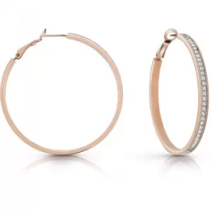 image of GUESS rose gold plated 50mm front Swarovski crystal pav hoop earrings.