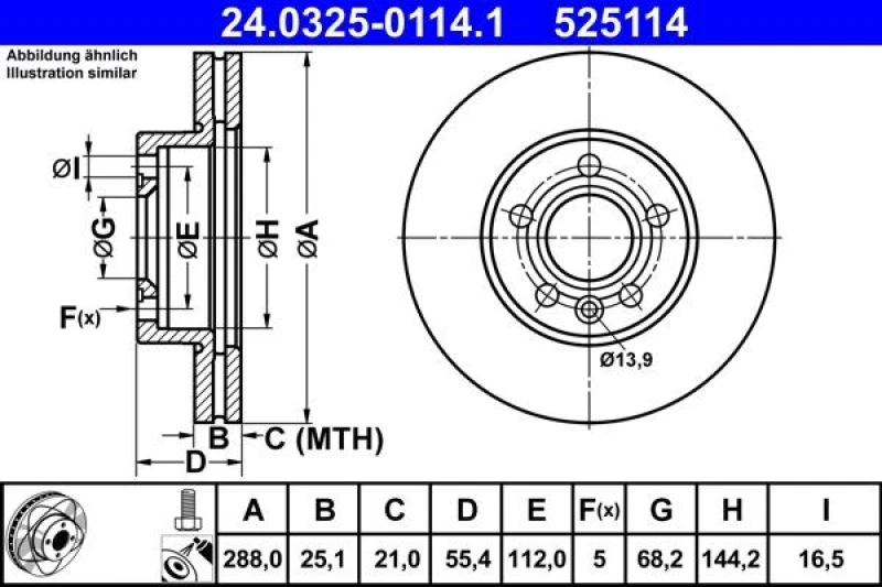 Image of ATE 24.0325-0114.1 Brake disc Vented, Coated, High-carbon, with bolts/screws Brake Disc (82)