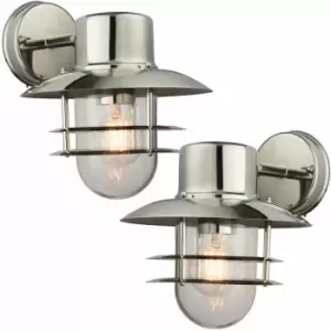 image of Loops - 2 pack IP44 Outdoor Wall Lamp Stainless Steel Caged Glass Lantern Down Light