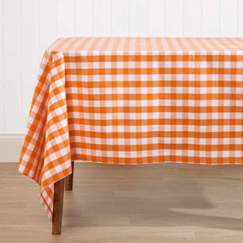 Image of Homescapes Block Check Cotton Gingham Tablecloth, 137cm x 137cm Orange