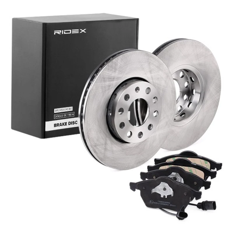 Image of RIDEX 3405B0006 Brake disc and pads set Front Axle, Brake Disc Type: Vented, incl. wear warning contact Brake Set,disc brakes (3405)