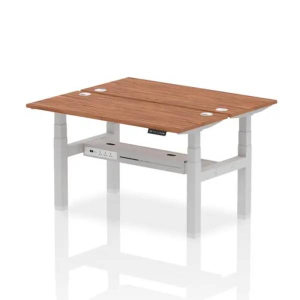 Image of Air Air Back-to-Back 1400 x 600mm Height Adjustable 2 Person Bench Desk Walnut Top with Cable Ports Silver Frame HASCP2P14600WNTS