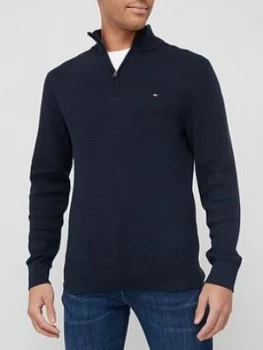 Image of Tommy Hilfiger Zig Zag Structure Quarter Zip Knitted Jumper - Navy, Desert Sky, Size XL, Men