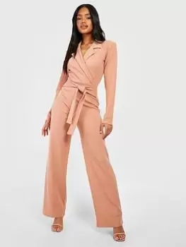 Image of Boohoo Crepe Tie Waist Wide Leg Trouser - Camel, Brown, Size 10, Women