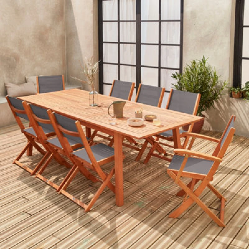 Image of Sweeek - 8-Seater Extendable Wooden Garden Table Set With 8 Chairs Natural 240X100X75cm - Almeria 8