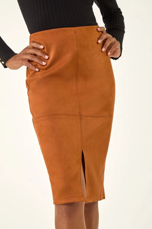 Image of Roman Womens Faux Suede Pencil Stretch Skirt in Tan Size: 18 Tan Female 18