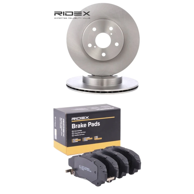 Image of RIDEX 3405B2849 Brake disc and pads set Front Axle, Brake Disc Type: internally vented, with acoustic wear warning Brake Set,disc brakes (3405)