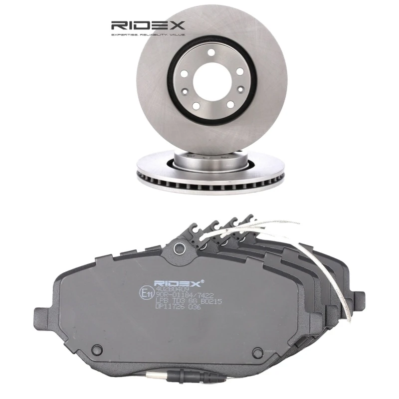 Image of RIDEX 3405B2725 Brake disc and pads set Front Axle, Brake Disc Type: Externally Vented, incl. wear warning contact Brake Set,disc brakes (3405)