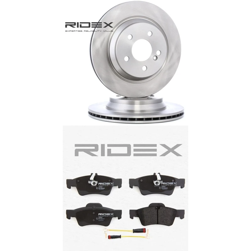 Image of RIDEX 3405B2262 Brake disc and pads set Rear Axle, Brake Disc Type: internally vented, prepared for wear warning indicator Brake Set,disc brakes (340