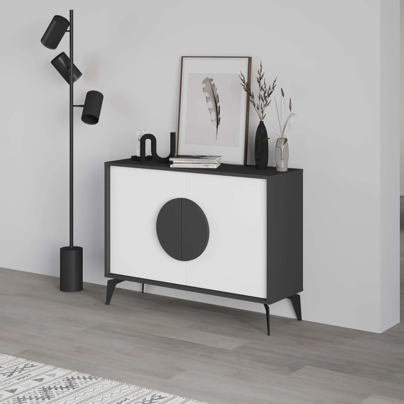 Image of Decortie 2 Doors Sideboard 'Gora' 4 Metal Legs, Chipboard Handle Storage Unit 110cm in Dark Grey Size: 2 Pack Dark Grey Unisex 2 Pack