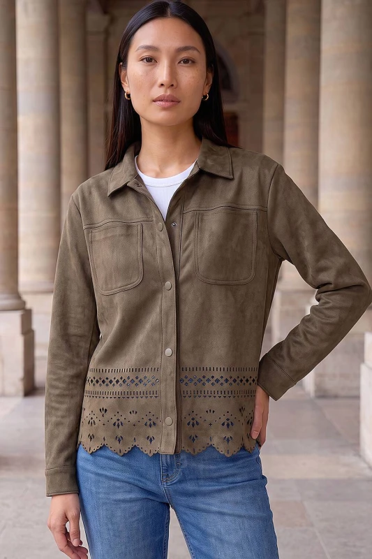 Image of Roman Womens Faux Suede Cut Out Shacket in Khaki Size: 16 Khaki Female 16