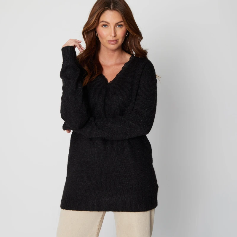 Image of Be You Lace Trim Brushed V Neck Jumper - Black 12