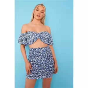 image of I Saw It First Blue Petite Floral Ruched High Waisted Skirt - Blue