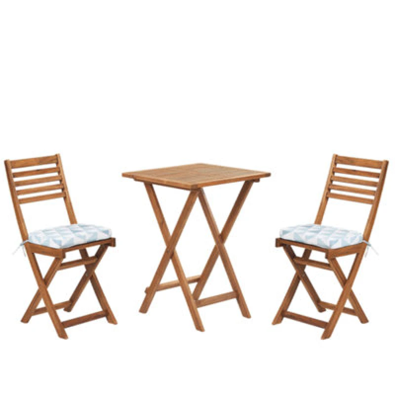 Image of BELIANI Beliani - Outdoor Garden Furniture Bistro Set Folding Light Wood White Blue Cushions Fiji 197561