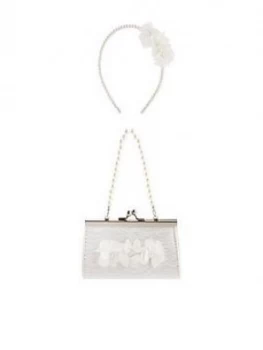 image of Monsoon Girls Lacey Pom Mini Bag & Hairband Set - Ivory