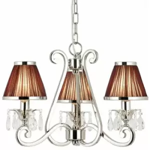 image of Esher Ceiling Pendant Chandelier Nickel Crystal & Brown Shades 3 Lamp Light