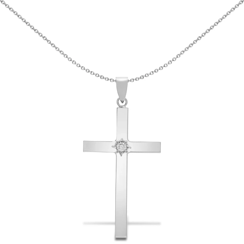 Image of Jewelco London 9ct White Gold 0.1ct Diamond Minimalist Solitaire Cross Pendant - 9X092 Silver