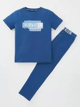 Image of Calvin Klein Boys Short Sleeve And Pant Pj Set - Blue, Multi, Size 10-12 Years