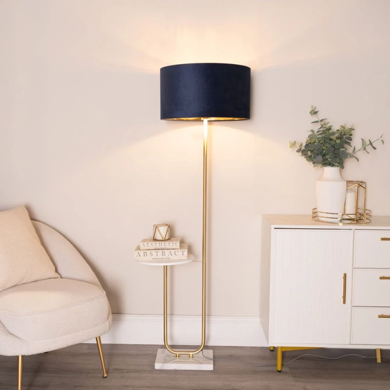 Image of ValueLights ValueLights Tavel Gold Floor Lamp with Table and Velvet Drum with Gold Inner Lamp Shade in Dark Navy Dark Navy One Size Unisex 50594060614