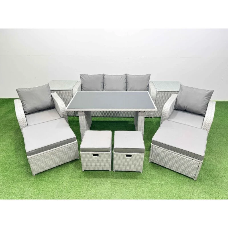 Image of Fimous 9 Seater Patio Garden Furniture Sets with 2 Side Tables in Light Grey Light Grey Unisex