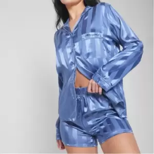 image of Missguided Stripe Satin 3 Piece Pyjama Set - Blue