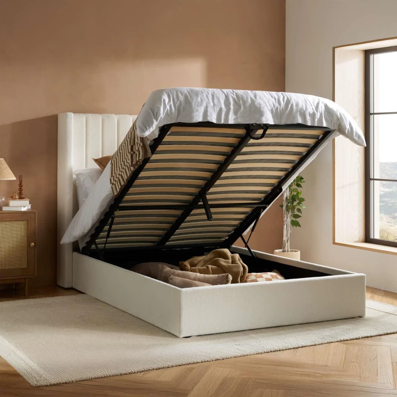 Image of ASC Melody White Boucle Fabric Ottoman Bed Frame - 5ft King Size