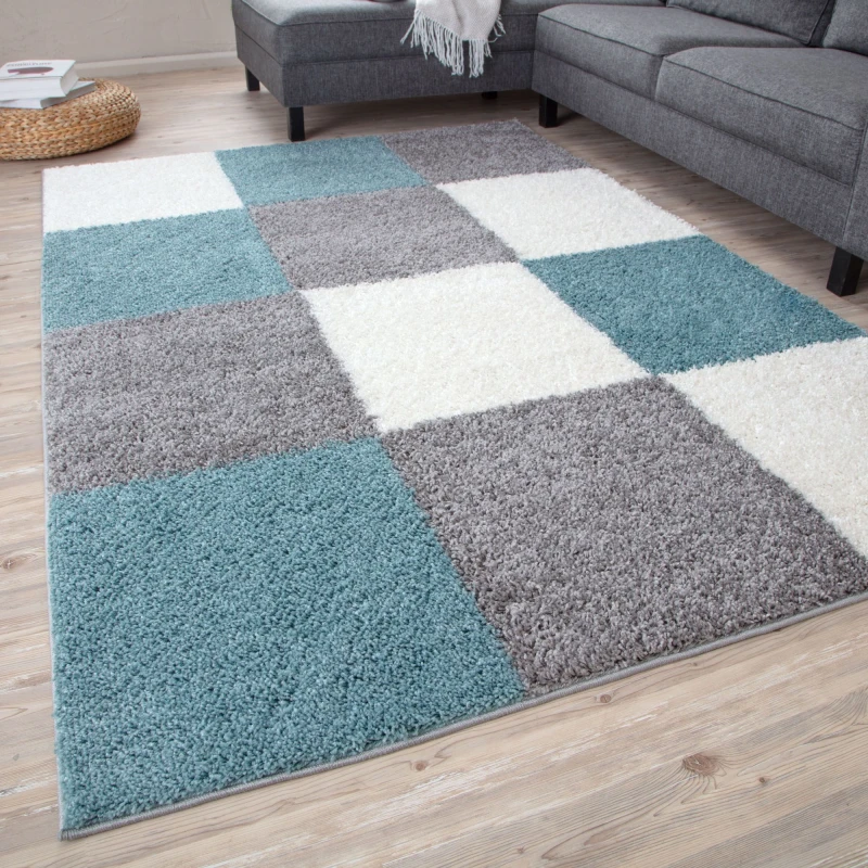 Image of THE RUGS Fluffy & Soft Shaggy Rugs Living Room Rug - Elegant Geometric Design Carpets For Bedrooms & Kitchen 381 Size: 140cm x 200cm Duck Egg Bl