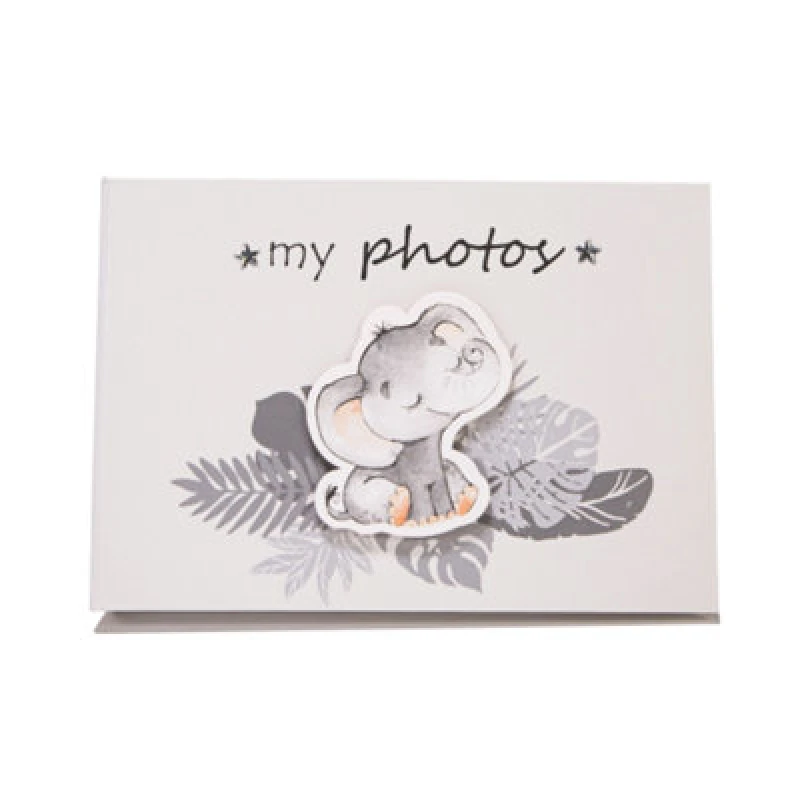 Image of Happy Homewares Cute Baby Elephant Grey Photo Album With Silver Stars And Palm Leaves
