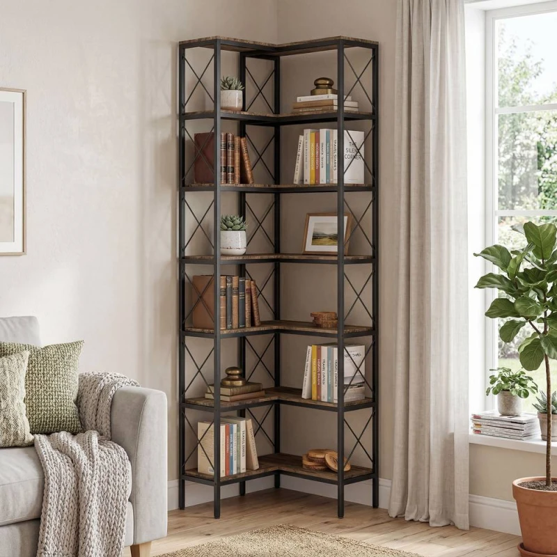 Image of HOMCOM L-Shaped Bookshelf, 6-Tier Bookcase with Metal Frame, Rustic Brown Brown Unisex