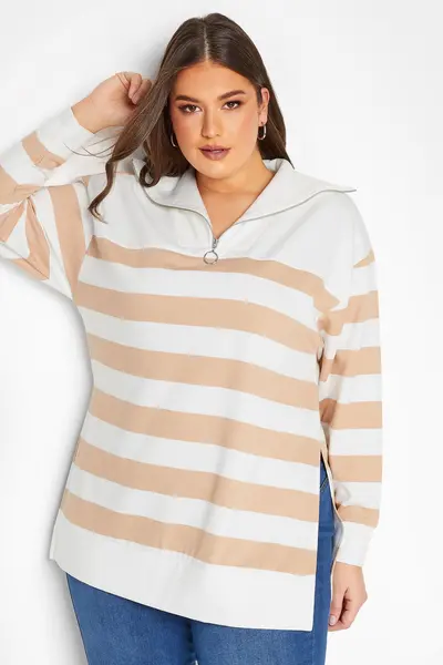 image of Yours Stripe Quarter Zip Jumper Light Beige