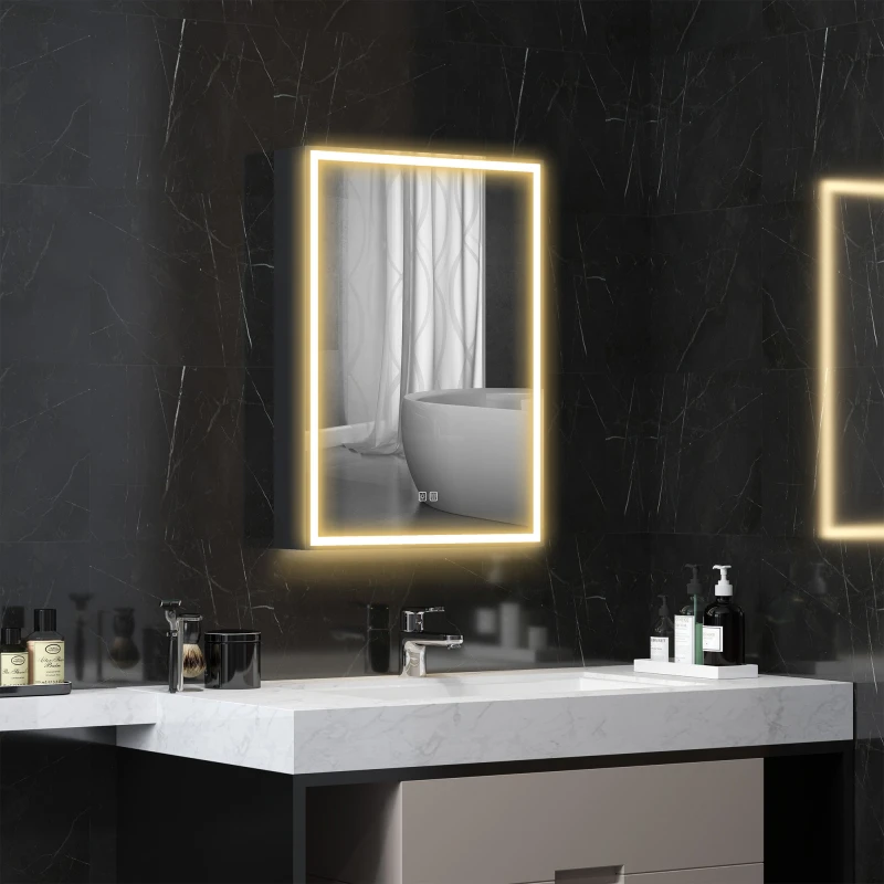Image of HOMCOM Bathroom Cabinet with Mirror, LED Lights and Demister Pad, Black Black
