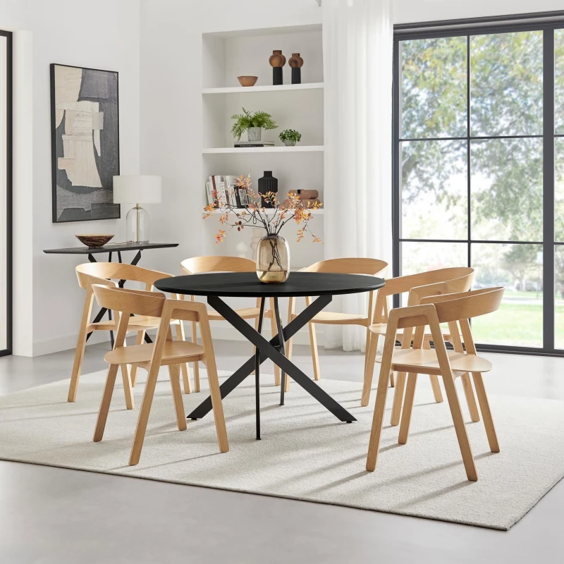 Image of FurnitureboxUK FurnitureboxUK Novara 120cm Black Top Round Dining Table & 6 Oak Masa Chairs Black One Size Unisex 5056784315477