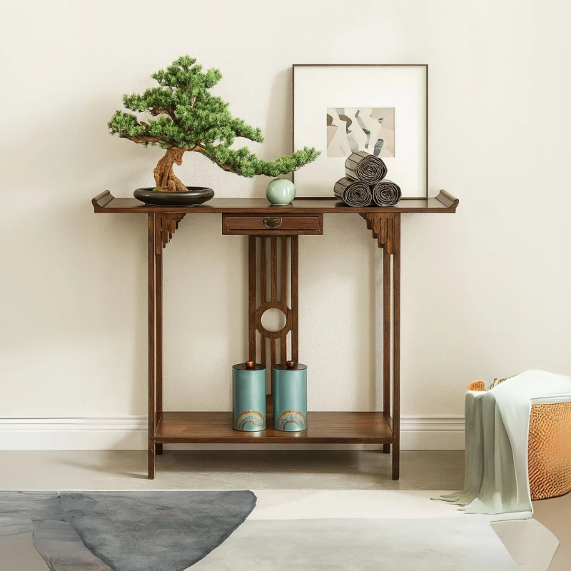 Image of Rafaelo Mobilia Bamboo Slim Console Table With Shelf & Drawer in Dark Brown Dark Brown Unisex