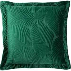 Image of Paoletti Palmeria Embroidered Faux Velvet Quilted Cushion Cover, Emerald, 60 x 60 Cm