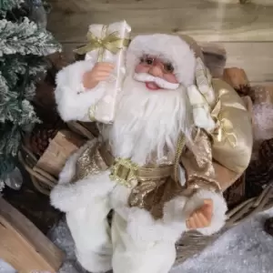 image of 40cm Sitting Santa Christmas Decoration in White & Gold