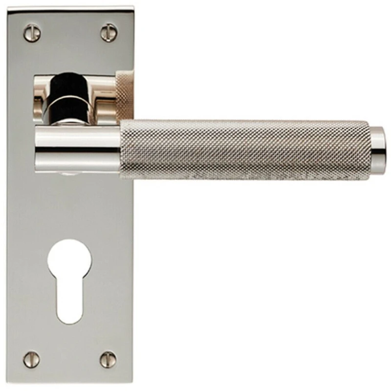 Image of Loops PAIR Knurled Round Lever on Slim Euro Lock Backplate 150 x 50mm Polished Nickel Metallics