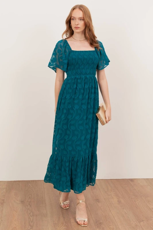 Image of Lovedrobe Womens Floral Burnout Square Neck Shirred Midaxi Dress in Teal Size: 16 Teal Female 16