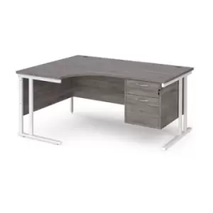 image of Maestro 25 left hand ergonomic desk 1600mm wide with 2 drawer pedestal - white cantilever leg frame and grey oak top