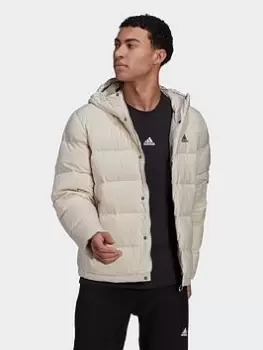 Image of adidas Helionic Hooded Down Jacket, Beige Size M Men
