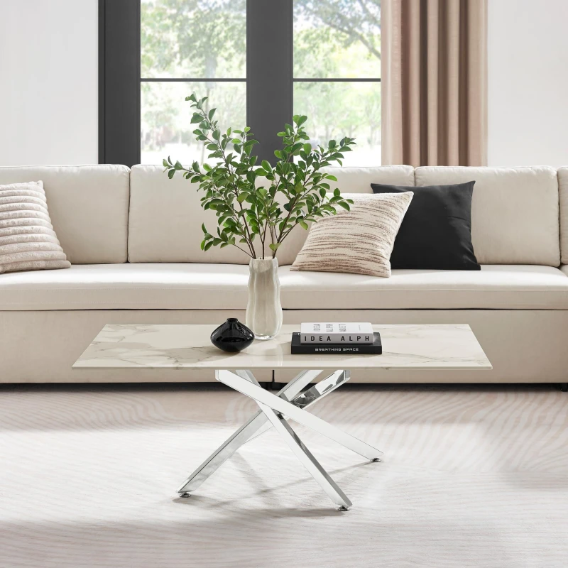 Image of FurnitureboxUK FurnitureboxUK Leonardo Rectangular Marble Effect Glass Top Coffee Table With Silver Metal Starburst Legs in White White One Size Unise