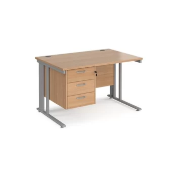 Image of Office Desk Rectangular Desk 1200mm With Pedestal Beech Top With Silver Frame 800mm Depth Maestro 25 MCM12P3SB