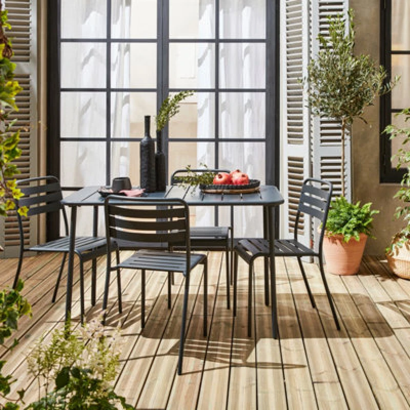 Image of Sweeek - 4-Seater Rectangular Steel Garden Table With 4 Chairs Amelia Anthracite 120X70X72.5 Cm