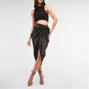 image of Missguided Ruched Asymmetric Satin Midi Skirt - Black