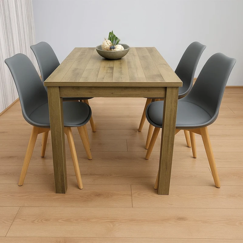 Image of KOSY KOALA KOSY KOALA Dining Table and 4 Chairs Rustic Effect Wood Table 4 Grey Plastic Leather Chairs Dining Room in Brown Size: 140cm x 80cm Brown